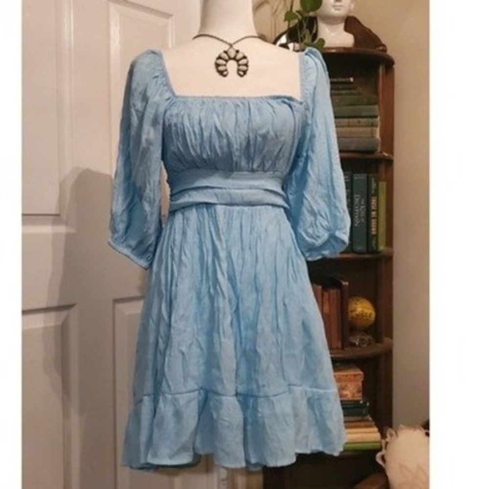 Light Blue Puff Sleeve Open Back Tie Mini Dress Cottagecore Ruffle Hem Small